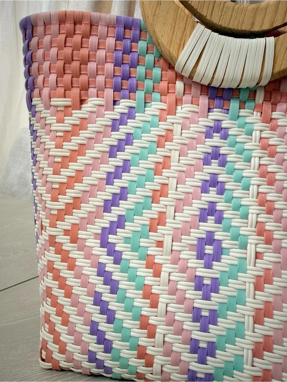 Pastel Pink Mint Lavender Woven Tote with Wooden Handles